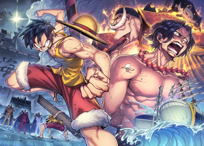 6+boys absurdres angry aokiji_(one_piece) arms_behind_back bandana bead_necklace beads black_hair bound bound_arms burning clenched_hands clenched_teeth coat coat_on_shoulders edward_newgate epaulettes facial_hair fighting_stance fire flag fortress full_body fur-trimmed_shorts fur_trim gofa hand_on_ground hat highres holding_log jewelry jolly_roger kizaru_(one_piece) knee_up long_mustache male_focus marine_uniform_(one_piece) marineford mast moby_dick_(one_piece) monkey_d._luffy multiple_boys muscular muscular_male mustache necklace old old_man one_piece open_mouth outdoors paper pirate_ship portgas_d._ace profile red_shorts red_suit sakazuki_(one_piece) scar scar_on_cheek scar_on_face scene_reference ship short_hair shorts skull_and_crossbones steam straw_hat suit superhero_landing teeth tidal_wave topless_male v-shaped_eyebrows vertical-striped_suit vest water watercraft whale white_coat white_suit whitebeard_pirates_jolly_roger yellow_suit yellow_vest