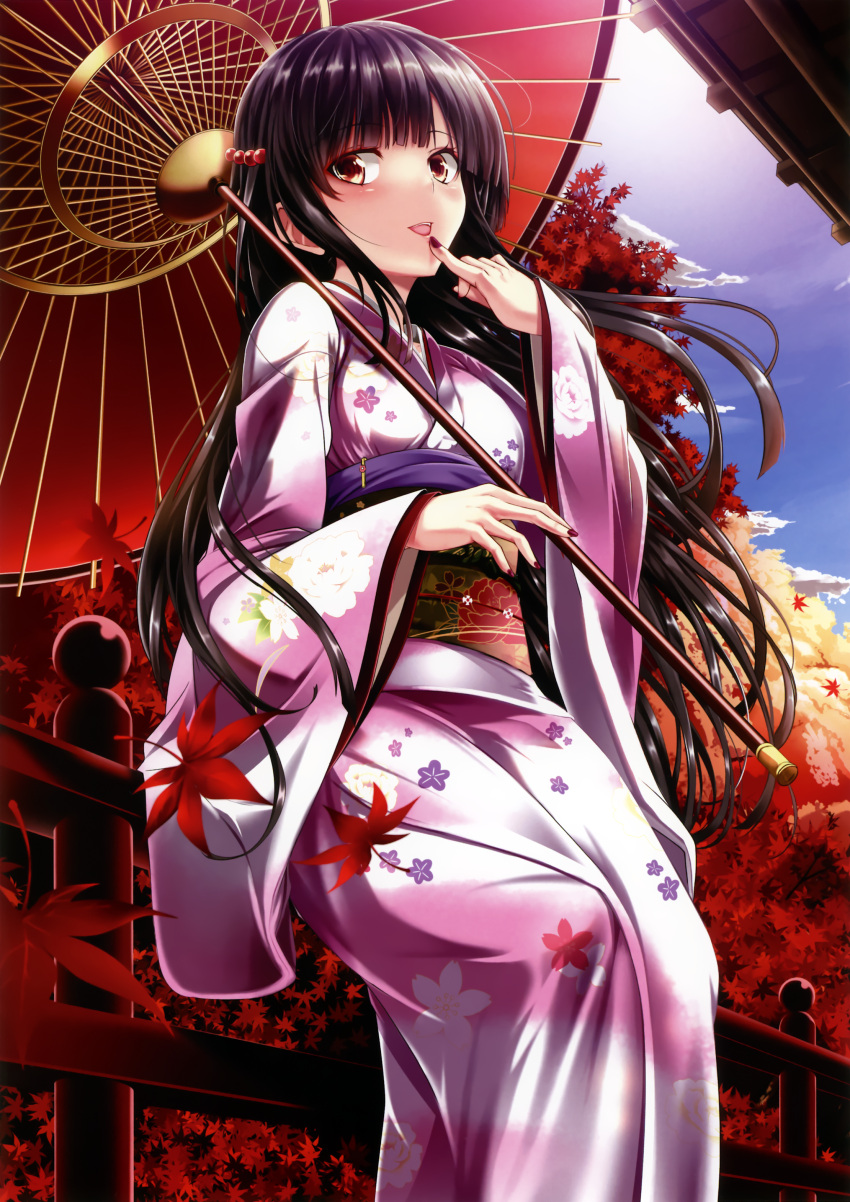 1girl absurdres artist_request autumn autumn_leaves bangs black_hair blue_sky blunt_bangs from_below hair_ornament hand_to_own_mouth highres japanese_clothes kimono leaf long_hair nail_polish obi open_mouth oriental_umbrella red_eyes scan sky solo umbrella very_long_hair