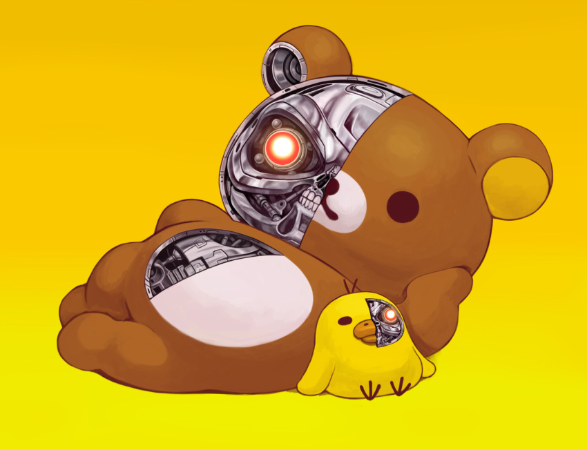 arm_support bird chick glowing glowing_eyes lying machinery on_side parts_exposed robot sakkan simple_background stuffed_animal stuffed_toy t-x teddy_bear terminator yellow_background