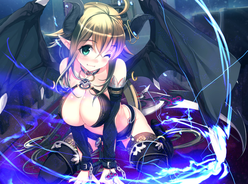 1girl ahoge all_fours bare_shoulders black_legwear blonde_hair blush boots breasts chain cleavage demon_girl demon_wings detached_sleeves fangs female garter_straps green_eyes horns jewelry large_breasts long_hair looking_at_viewer original pointy_ears ring solo thigh-highs thigh_boots wings wink yam2344