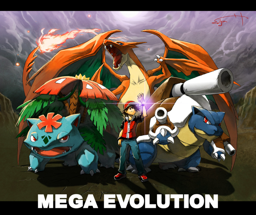 1boy baseball_cap blastoise charizard dark_clouds desert english glint hat jacket letterboxed mega_blastoise mega_charizard_y mega_pokemon pokemon pokemon_(creature) pokemon_(game) pokemon_hgss pokemon_xy red_(pokemon) red_(pokemon)_(remake) sei_jun short_hair signature standing title venusaur