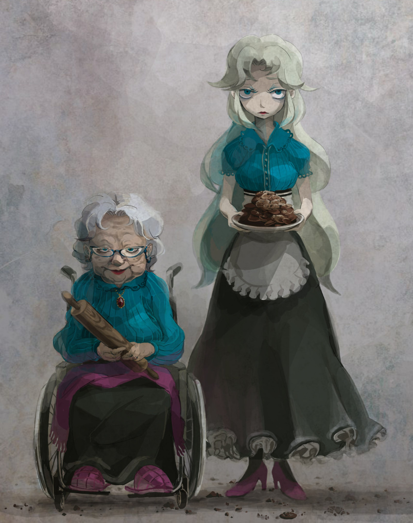 2girls apron blanket blue_eyes cookie cookie_clicker dual_persona eyelashes food gem glasses grandma_(cookie_clicker) green_hair grey_hair high_heels highres jewelry lipstick long_hair long_skirt looking_at_viewer makeup multiple_girls necklace old_woman plate pompa rolling_pin semi-rimless_glasses skirt slippers smile under-rim_glasses waist_apron wheelchair wrinkles young