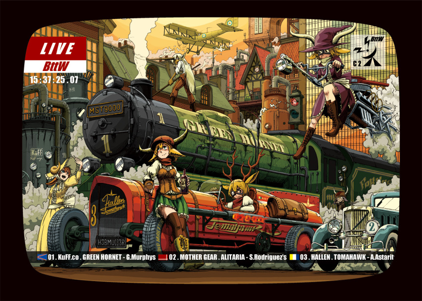 6+girls a.hebmuller airplane animal_ears antlers biplane bonnet boots dieselpunk goggles hat horns locomotive multiple_girls original puffy_sleeves racecar racing steam_locomotive steampunk television witch witch_hat