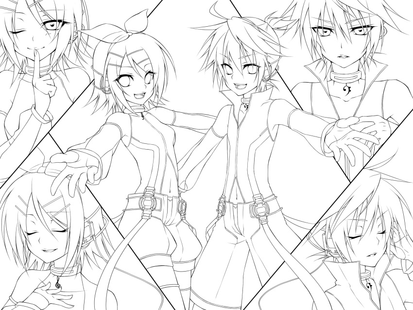 1boy 1girl closed_eyes finger_to_mouth hair_ornament hairclip headphones highres kagamine_len kagamine_rin lineart monochrome outstretched_arms short_hair smile transparent_background ueno_tsuki vocaloid wink
