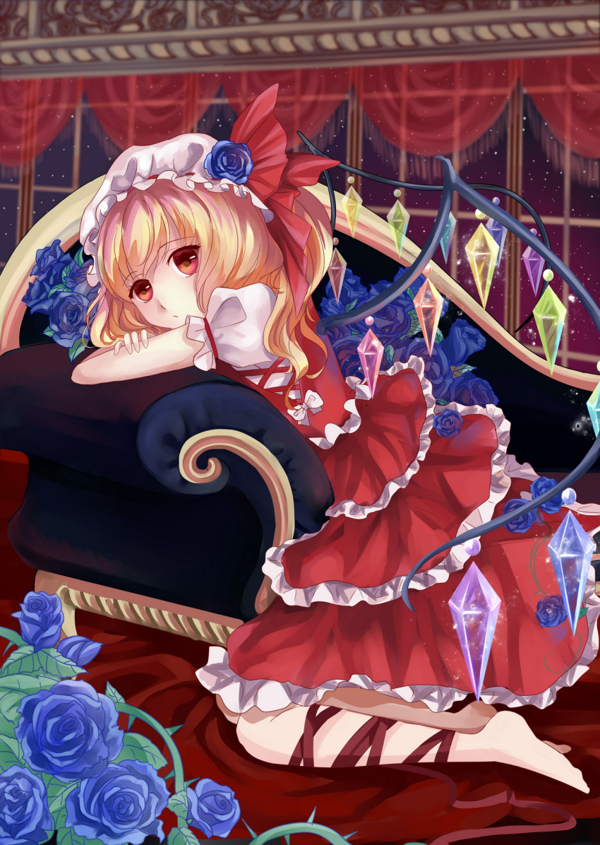 1girl barefoot blonde_hair blue_rose chair crossed_arms curtains dress etin flandre_scarlet flower frilled_dress frills glowing glowing_wings hat hat_flower hat_ribbon highres kneeling leg_ribbon light_particles looking_at_viewer mob_cap puffy_sleeves red_dress red_eyes ribbon rose shirt short_sleeves side_ponytail solo touhou turning vines window wings