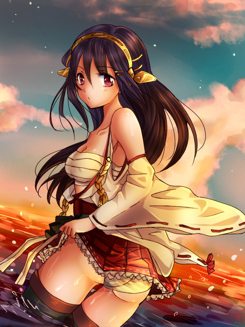 1girl ass back bandages bare_shoulders black_hair black_legwear blush boots breasts clouds detached_sleeves hairband haruna_(kantai_collection) highres japanese_clothes kantai_collection kotorii long_hair looking_back miko ocean open_mouth panties personification skirt skirt_lift sky solo striped striped_panties sunset thigh_boots thighhighs underwear water