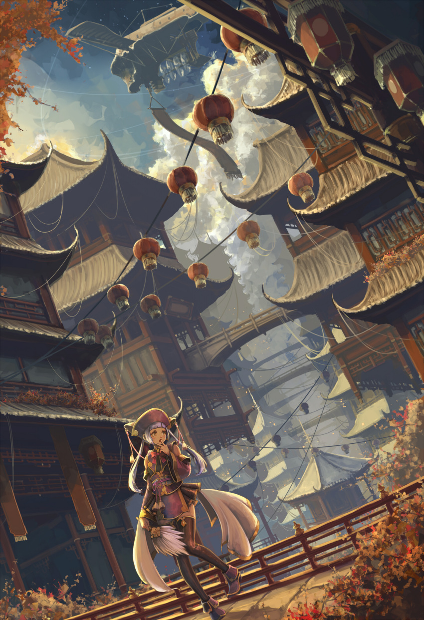 1girl airship bare_shoulders bespin blue_sky bow brown_legwear capelet city clouds detached_sleeves dutch_angle east_asian_architecture fan fantasy fence hat highres lantern open_mouth orange_eyes original pink_hair shirt skirt skirt_set sky solo thigh-highs twintails zettai_ryouiki
