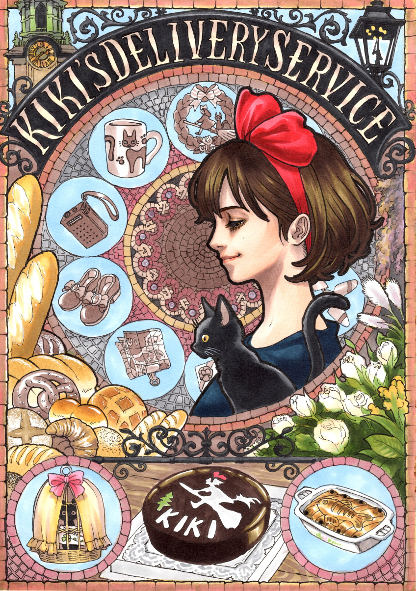 1girl absurdres art_nouveau birdcage black_cat bouquet brown_hair cage cake cat character_name copyright_name cup elaborate_frame flower food frame hairband half-closed_eyes highres jiji_(majo_no_takkyuubin) kiki majo_no_takkyuubin map marker_(medium) marlboro_(artist) profile radio rose shoes short_hair side smile studio_ghibli teacup traditional_media white_rose