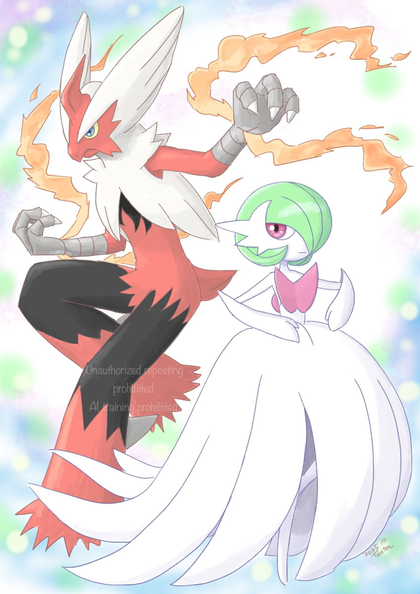 1boy 1girl animal_hands arm_up artist_name bare_shoulders beak bird_boy bird_tail black_fur blaziken blue_eyes bob_cut body_fur claws closed_mouth colored_sclera colored_skin commentary_request dated dress elbow_gloves fire flat_chest full_body furry furry_male gardevoir gloves green_hair hair_over_one_eye hand_up happy highres leg_up long_dress looking_afar looking_at_viewer mega_blaziken mega_gardevoir mega_pokemon multicolored_fur no_feet one_eye_covered partial_commentary pokemon pokemon_(creature) red_eyes red_fur short_hair short_tail signature smile standing standing_on_one_leg strapless strapless_dress tail tantan_(tan_room87) watermark white_dress white_fur white_gloves white_skin yellow_sclera