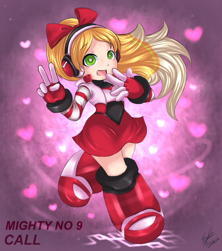 1girl blonde_hair blush boots call_(mighty_no._9) flat_chest green_eyes headphones heart highres knee_boots long_hair mighty_no._9 ponytail robot signature smile solo striped_sleeves syahilla v
