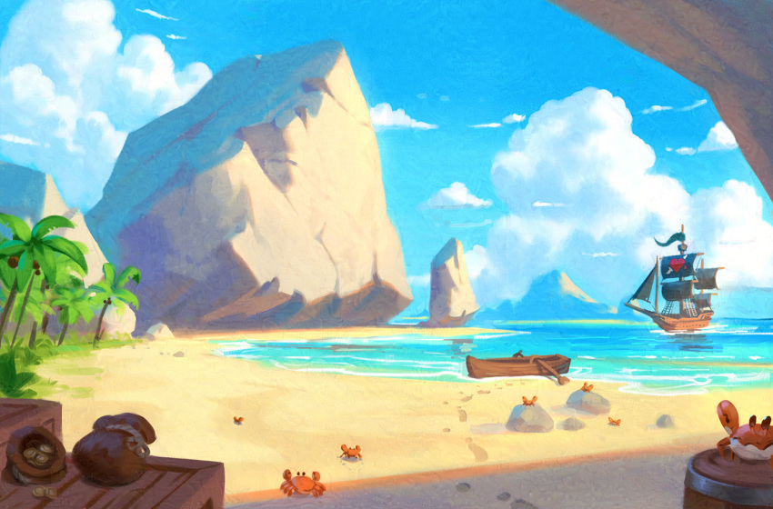 beach blue_sky boat boulder box clouds coin commentary crab crab_claw english_commentary gold_coin heart jolly_roger landscape original painterly palm_tree pirate_ship robertogatto rock sailing_ship scenery sky tree watercraft