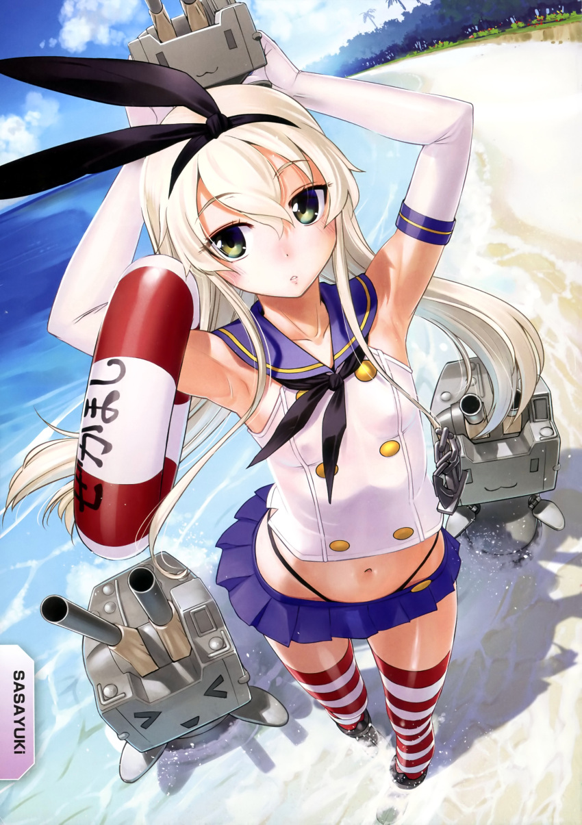 &gt;_&lt; 1girl :3 absurdres armpits arms_up beach black_panties blonde_hair boots cannon collarbone elbow_gloves flat_chest foreshortening from_above gloves hair_ribbon highres kantai_collection lifebuoy long_hair midriff miniskirt navel panties parted_lips pleated_skirt rensouhou-chan ribbon sailor_collar sasayuki scan shimakaze_(kantai_collection) skirt solo striped striped_legwear thighhighs underwear wading walking white_gloves