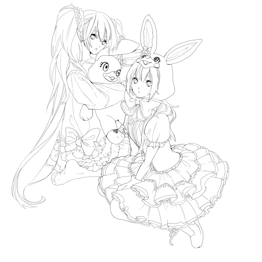 2girls animal_ears animal_hat bonnet dual_persona frills gloves hat hatsune_miku highres lineart long_hair looking_at_viewer lots_of_laugh_(vocaloid) monochrome mozzu multiple_girls rabbit_ears sitting skirt socks stuffed_animal stuffed_toy twintails very_long_hair vocaloid