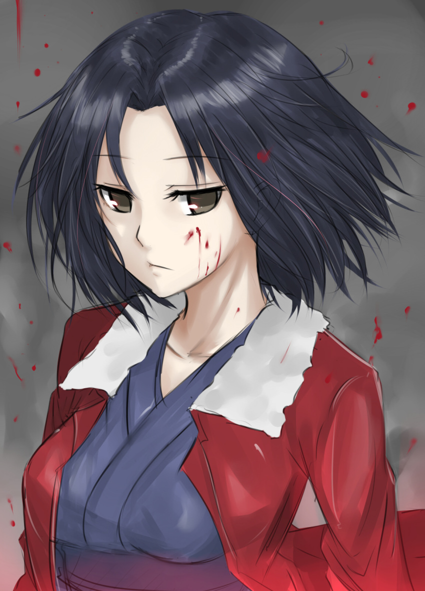 1girl black_hair blood blood_on_face brown_eyes ffmania7 highres jacket japanese_clothes kara_no_kyoukai kimono red_jacket ryougi_shiki short_hair solo