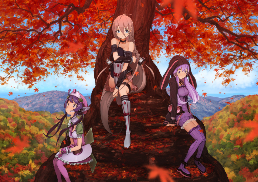 3girls :&lt; ahoge autumn autumn_leaves bare_shoulders belt blue_eyes boots braid breasts brown_hair choker cleavage detached_sleeves domo1220 dress fingerless_gloves frills gloves hair_ornament hat headset highres hooded_jacket ia_(vocaloid) kneehighs leaf leg_band leg_hug long_hair multiple_girls purple_hair purple_legwear single_kneehigh single_thighhigh sitting skirt thigh-highs tone_rion tree twintails very_long_hair violet_eyes vocaloid yuzuki_yukari