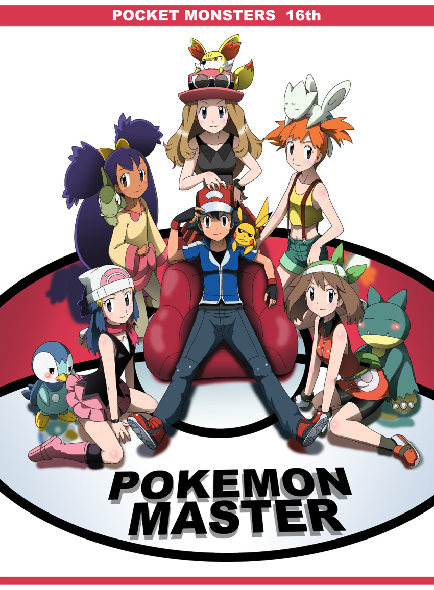 1boy 5girls ash_ketchum_(pokemon) axew bag bandana bare_shoulders baseball_cap beanie bike_shorts black_eyes black_hair blue_eyes blue_hair blush boots bow bracelet breasts brown_eyes brown_hair closed_eyes copyright_name creature dark_skin english fangs fennekin fingerless_gloves gloves hand_on_hip harem haruka_(pokemon) hat highres hikari_(pokemon) iris_(pokemon) jewelry kakkii kasumi_(pokemon) long_hair looking_at_viewer misty_(pokemon) multiple_girls munchlax orange_eyes orange_hair pikachu piplup pokemon pokemon_(anime) pokemon_(creature) purple_hair satoshi_(pokemon) scarf serena_(pokemon) short_hair shorts side_ponytail sitting skirt skirt_lift smile socks sunglasses suspenders tank_top togetic two_side_up wariza watch