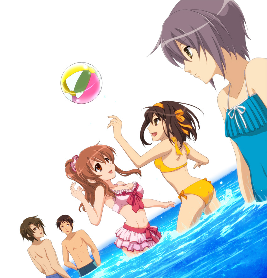 3girls asahina_mikuru ball beachball bikini bikini_skirt casual_one-piece_swimsuit feet_in_water female_swimwear highres koizumi_itsuki kyon male_swimwear multiple_girls nagato_yuki one-piece_swimsuit partially_submerged soaking_feet suama_(7070sv) suzumiya_haruhi suzumiya_haruhi_no_yuuutsu swim_trunks swimsuit water