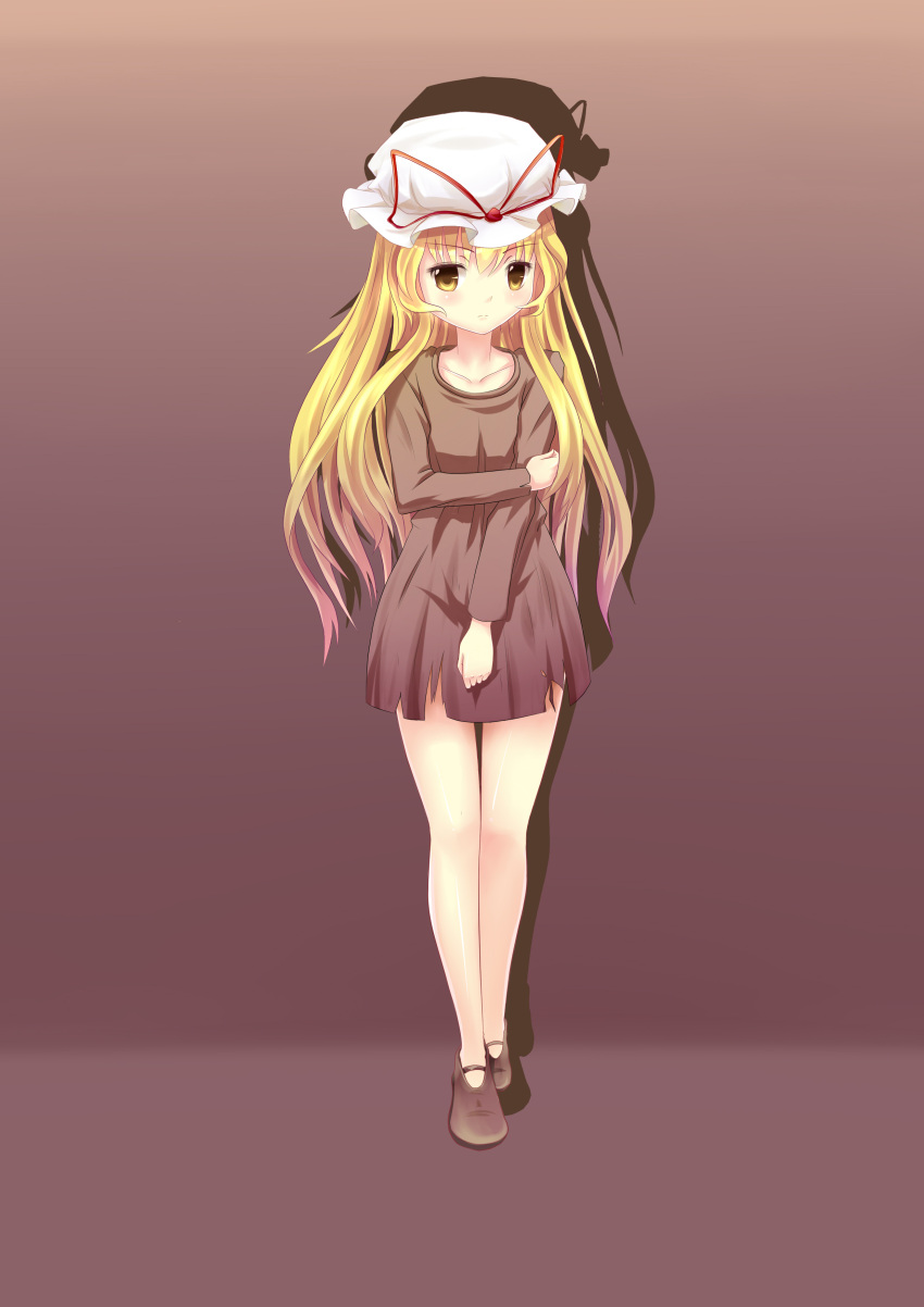 1girl absurdres alternate_costume arm_holding bare_legs blush brown_dress collarbone dress frown gradient gradient_background gradient_hair hat hat_ribbon highres long_hair looking_at_viewer mob_cap multicolored_hair no_socks ribbon shadow shoes solo teenage torn_clothes torn_dress touhou xiaoyin_li yakumo_yukari yellow_eyes younger