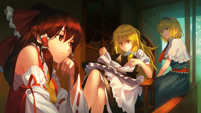 3girls alice_margatroid arm_support bare_shoulders blonde_hair bow braid brown_hair capelet chair crossed_legs detached_sleeves dress frown green_eyes hair_bow hair_ribbon hair_tubes hairband hakurei_reimu hat hat_removed headwear_removed highres jandy japanese_clothes kirisame_marisa miko multiple_girls porch ribbon sitting smile touhou witch_hat yellow_eyes