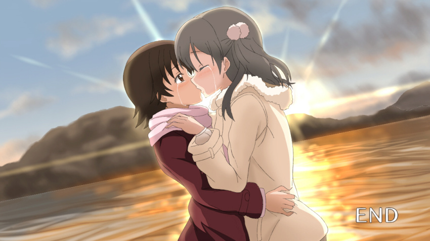 2girls banboro_(technobot) blush brown_eyes brown_hair closed_eyes fake_screenshot hair_ornament hug jacket kiss mitani_kanae multiple_girls sawatari_fuu short_hair sunset tamayura tears yuri