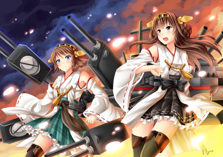 2girls artist_name bare_shoulders battle blue_eyes blush boots breasts brown_eyes brown_hair cannon detached_sleeves double_bun fire hair_ornament hairband headgear hiei_(kantai_collection) japanese_clothes kantai_collection kongou_(kantai_collection) long_hair miko multiple_girls open_mouth personification plaid short_hair skirt smoke thigh-highs thigh_boots turret villyane wide_sleeves