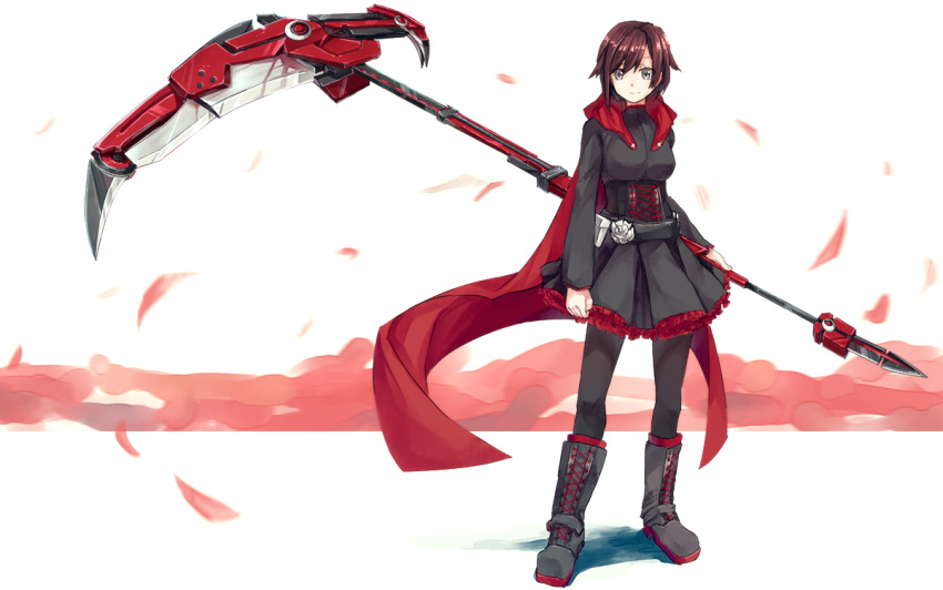 1girl boots cape cross dress flower hitomai pantyhose petals redhead rose rose_petals ruby_rose rwby scythe short_hair smile solo weapon white_background