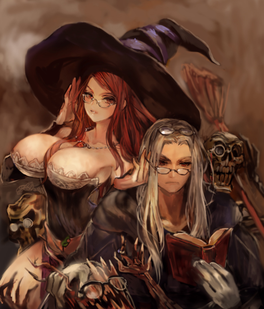 1boy 1girl bare_shoulders book breasts broom cleavage dragon's_crown grin hat highres jewelry large_breasts light_smile long_hair necklace redhead silver_hair skeleton smile sorceress_(dragon's_crown) tomatika witch_hat wizard_(dragon's_crown)