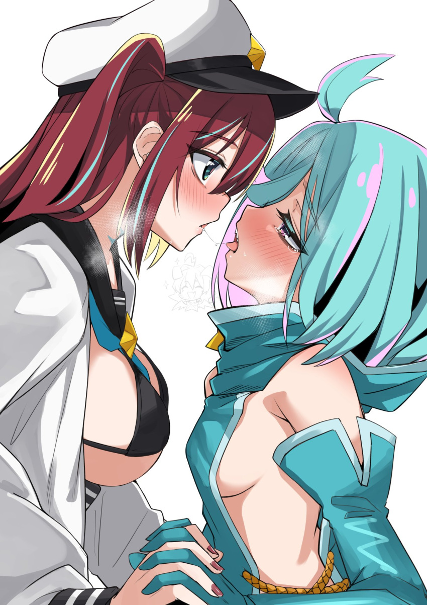 3girls after_kiss ahoge akoya_matama anemo_nemo aqua_dress aqua_eyes aqua_hair bikini black_bikini blue_necktie blush breasts brown_hair chibi dress elbow_gloves gloves hair_over_one_eye hat highres hiiragi_utena interlocked_fingers leberblume loco_musica long_hair looking_at_another magia_baiser mahou_shoujo_ni_akogarete multicolored_hair multiple_girls nail_polish necktie newsboy_cap pink_eyes ponponpain65536 red_nails saliva saliva_trail short_hair sideboob streaked_hair swimsuit tongue tongue_out two_side_up white_background yuri