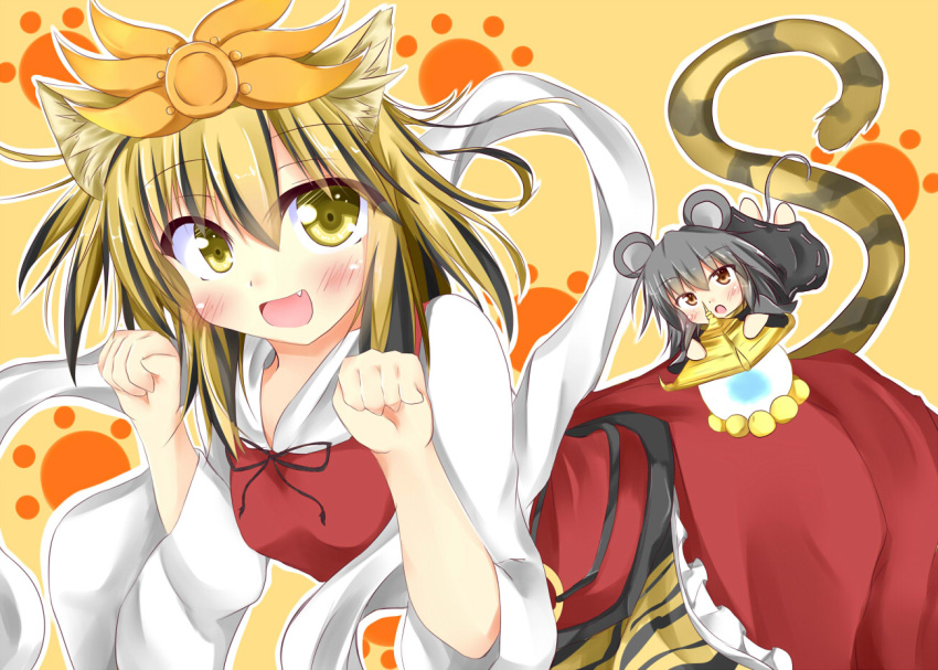 2girls animal_ears bishamonten's_pagoda black_hair brown_eyes cat_ears cat_tail fang grey_hair hair_ornament kuzumomo mouse_ears mouse_tail multicolored_hair multiple_girls nazrin open_mouth paw_pose short_hair skirt smile tail toramaru_shou touhou yellow_eyes