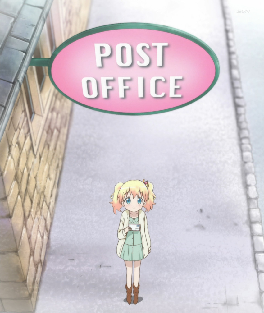 1girl alice_carteret blonde_hair blue_eyes boots highres kin'iro_mosaic letter screencap signage solo stitched twintails