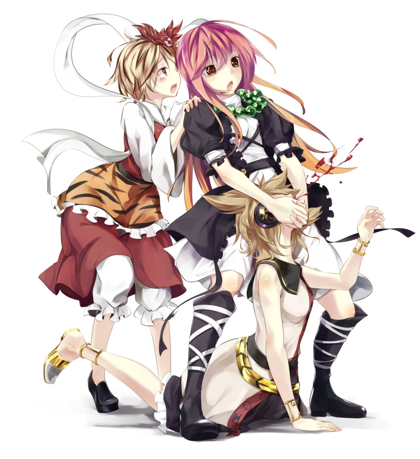 3girls bare_arms belt black_dress blonde_hair blood bloomers boots bracelet brown_eyes brown_hair dress face_grab fang gorilla_(bun0615) gradient_hair hair_ornament headphones highres jewelry knee_boots layered_dress leg_ribbon multicolored_hair multiple_girls open_mouth puffy_sleeves purple_hair shawl shirt short_sleeves simple_background skirt sleeveless sleeveless_shirt tiger_print touhou underwear white_background white_dress wrestling