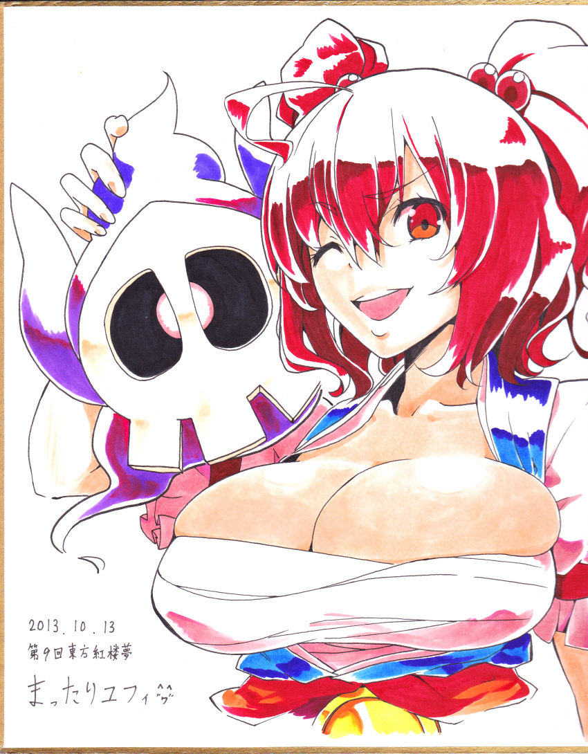 1girl absurdres breasts bust crossover duskull hair_bobbles hair_ornament highres huge_breasts looking_at_viewer mattari_yufi onozuka_komachi open_mouth pokemon pokemon_(creature) red_eyes redhead sarashi short_hair smile touhou traditional_media twintails two_side_up wink