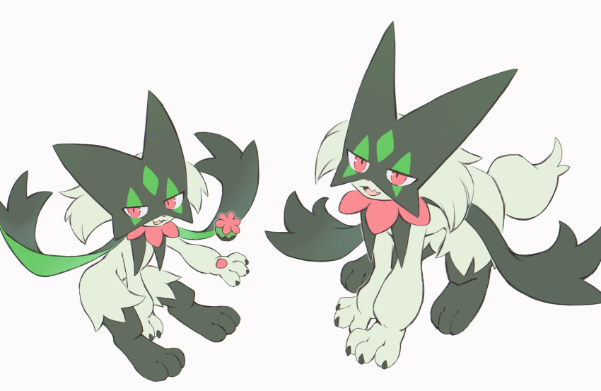 1other all_fours animal_hands black_fur body_fur claws commentary_request full_body furry green_fur green_hair half-closed_eyes highres looking_at_viewer mask meowscarada multiple_views open_mouth other_focus pawpads pink_eyes pokemon pokemon_(creature) short_hair short_tail simple_background sitting solo sukasshu_(mroooo) tail two-tone_fur white_background