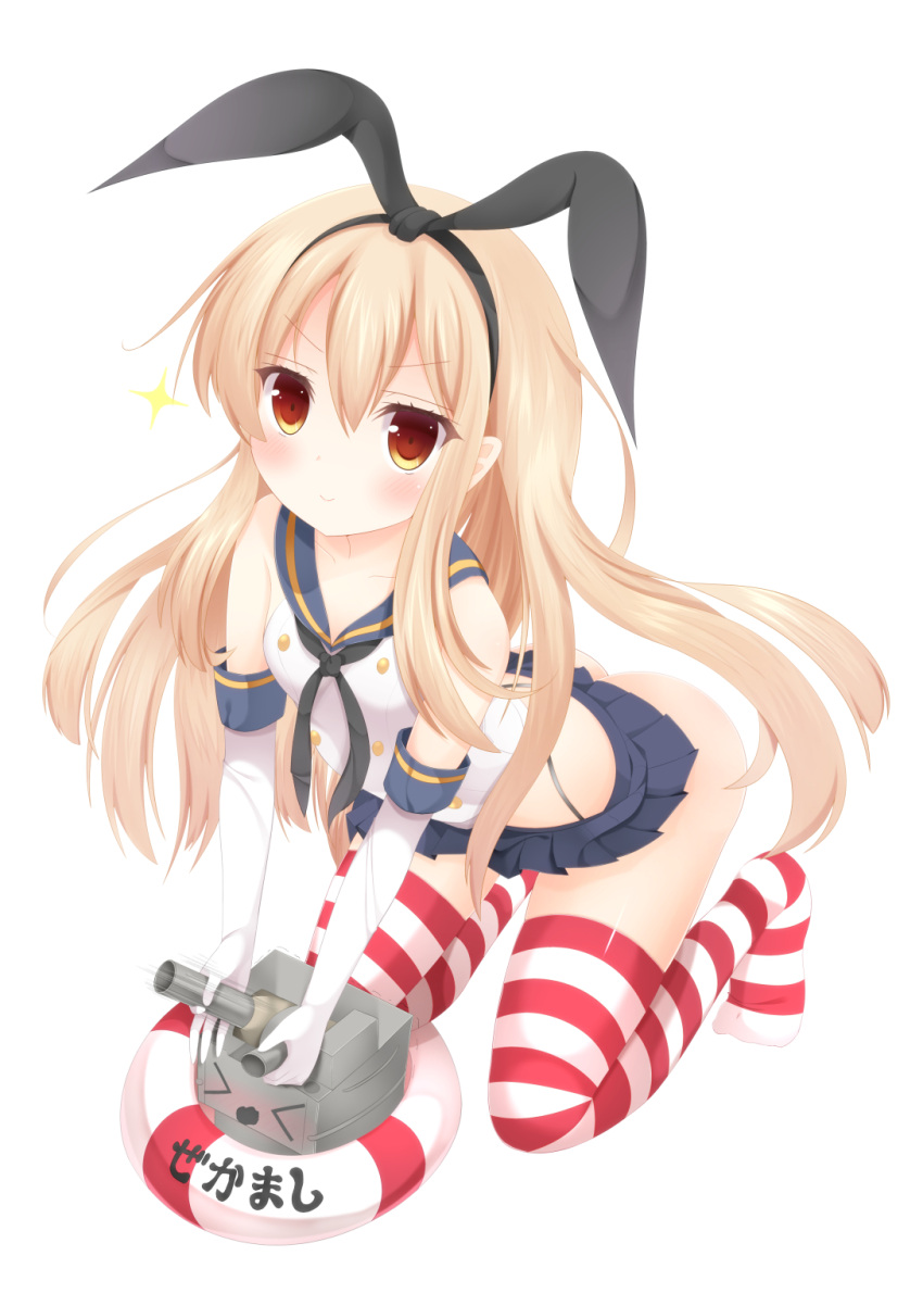 &gt;_&lt; 1girl bare_shoulders black_panties blonde_hair blush brown_eyes elbow_gloves gloves gtgtqt highres kantai_collection kneeling long_hair looking_at_viewer panties personification rensouhou-chan sailor_collar shimakaze_(kantai_collection) skirt smile solo striped striped_legwear thighhighs underwear white_gloves