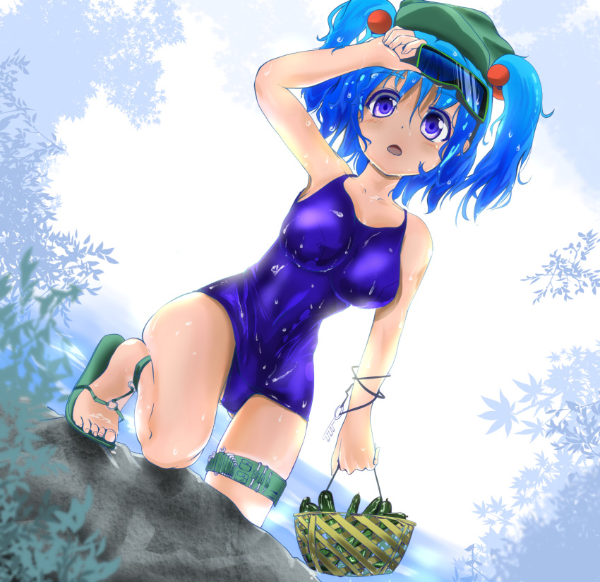 1girl akure_ekuto basket blue_eyes blue_hair breasts cucumber goggles goggles_on_head hair_bobbles hair_ornament hat highres kawashiro_nitori key open_mouth sandals school_swimsuit short_hair smile solo swimsuit touhou twintails wet_swimsuit wrench wristband