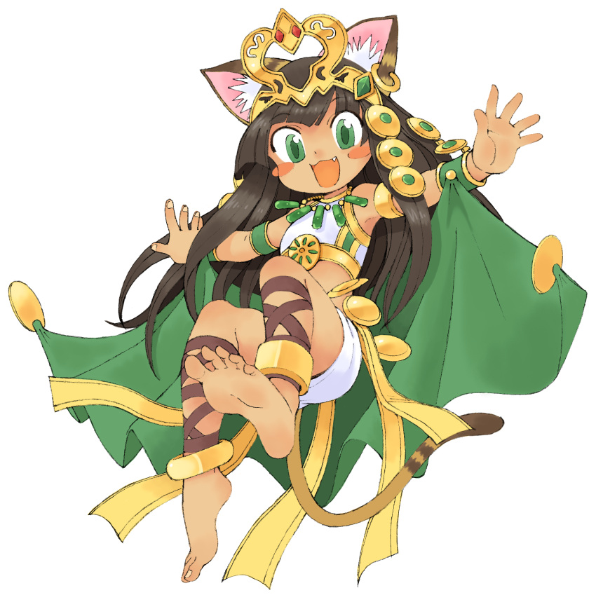 1girl animal_ears ankle_lace-up anklet armpits barefoot bastet_(p&amp;d) blush_stickers cat_ears cat_tail cross-laced_footwear dark_skin egyptian fang feet green_eyes happy highres jewelry long_hair midriff open_mouth oyatsu_(mk2) puzzle_&amp;_dragons simple_background smile soles solo tail toes white_background