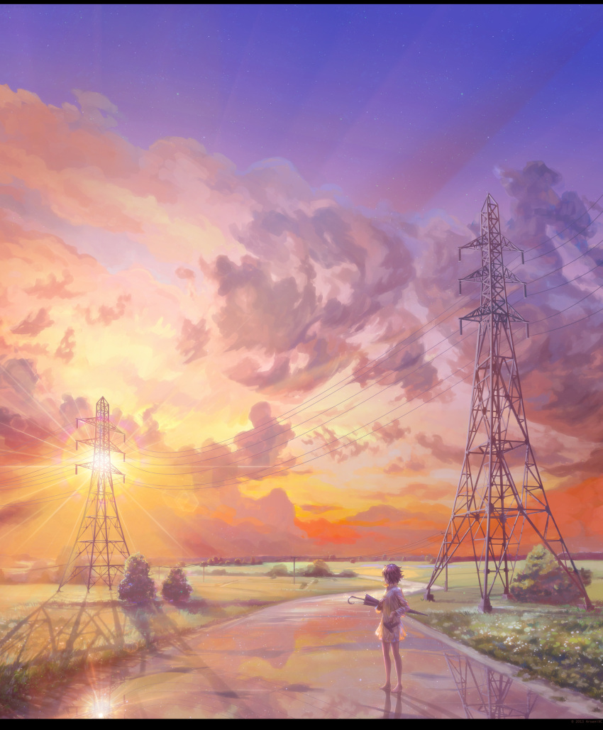 1girl arsenixc clouds from_behind highres original reflection scenery short_hair sky solo sun sunset umbrella