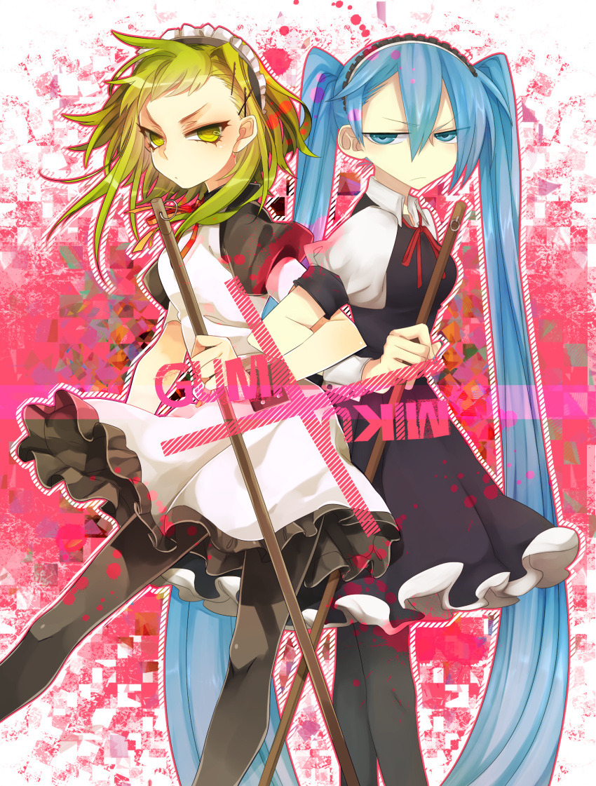 2girls aqua_eyes aqua_hair back-to-back character_name dress green_eyes green_hair gumi hair_ornament hairclip haru_(oomr005) hatsune_miku highres long_hair maid multiple_girls pantyhose twintails very_long_hair vocaloid