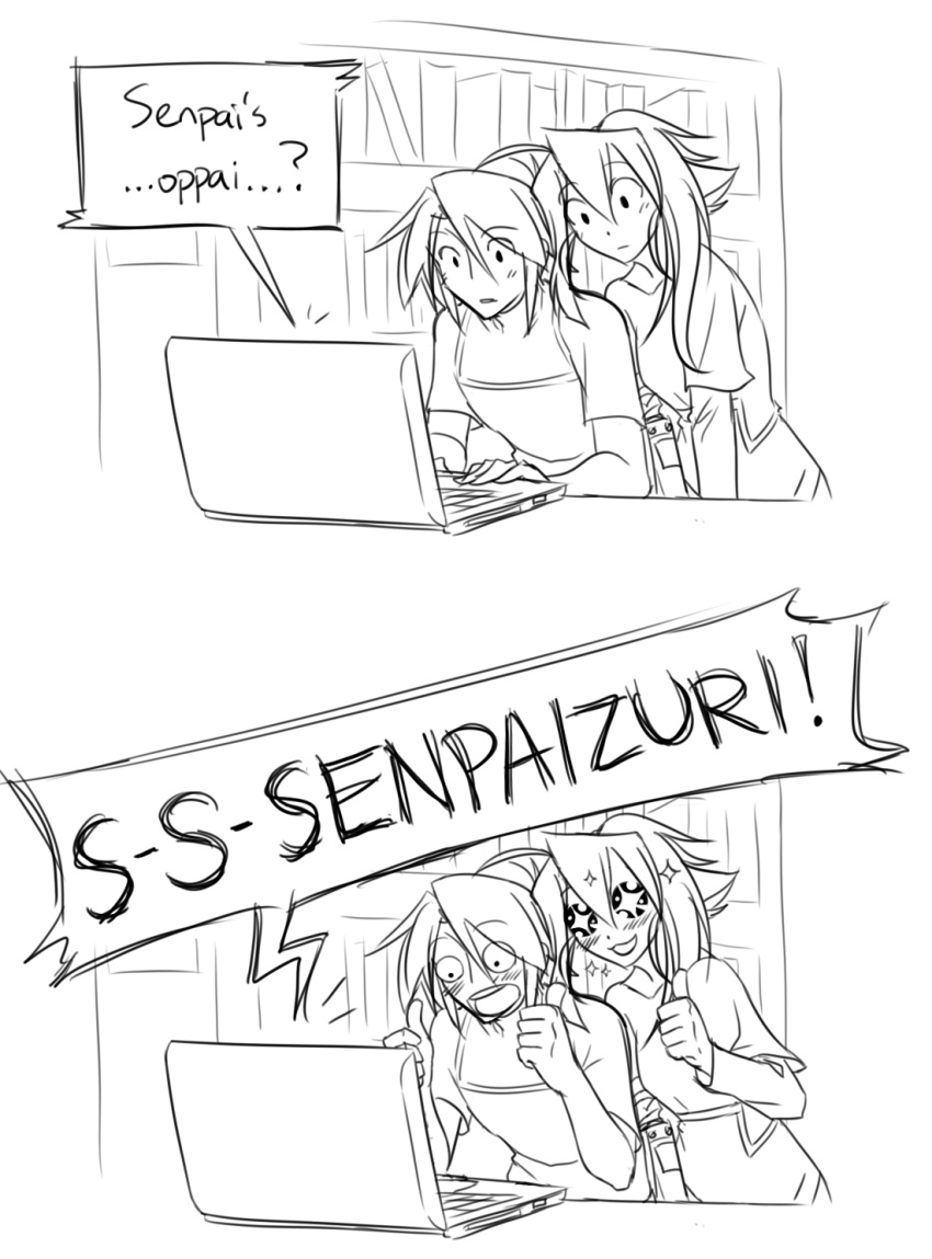 +_+ 1boy 1girl 2koma ahoge blush claire_(matsu-sensei) comic computer double_thumbs_up english highres laptop matsu-sensei matt_(matsu-sensei) monochrome original thumbs_up watching