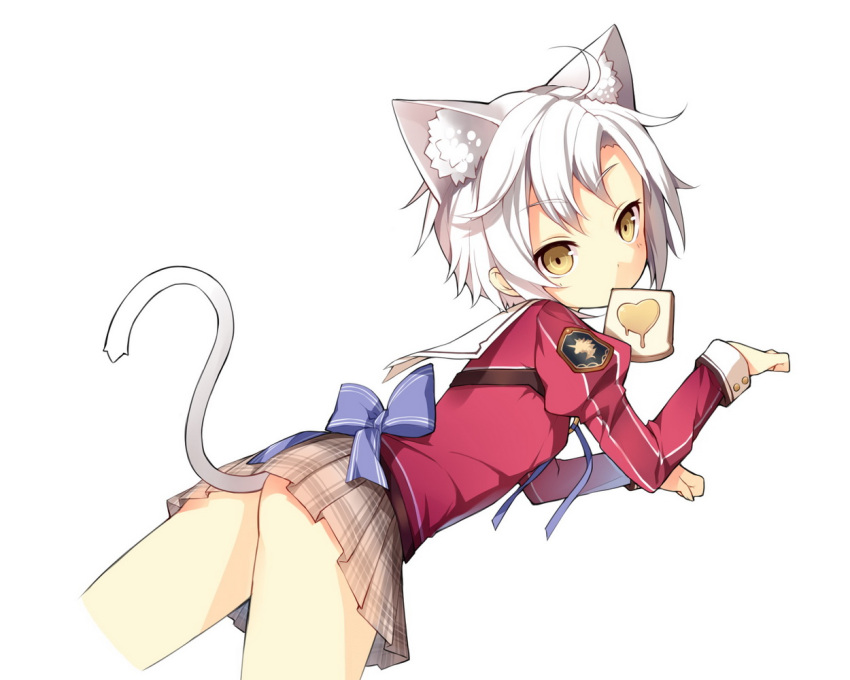 1girl ahoge animal_ears blush cat_ears cat_tail eiyuu_densetsu falcom fie_claussell long_sleeves looking_at_viewer mouth_hold paw_pose saru school_uniform sen_no_kiseki short_hair simple_background skirt solo tail toast toast_in_mouth white_background white_hair yellow_eyes