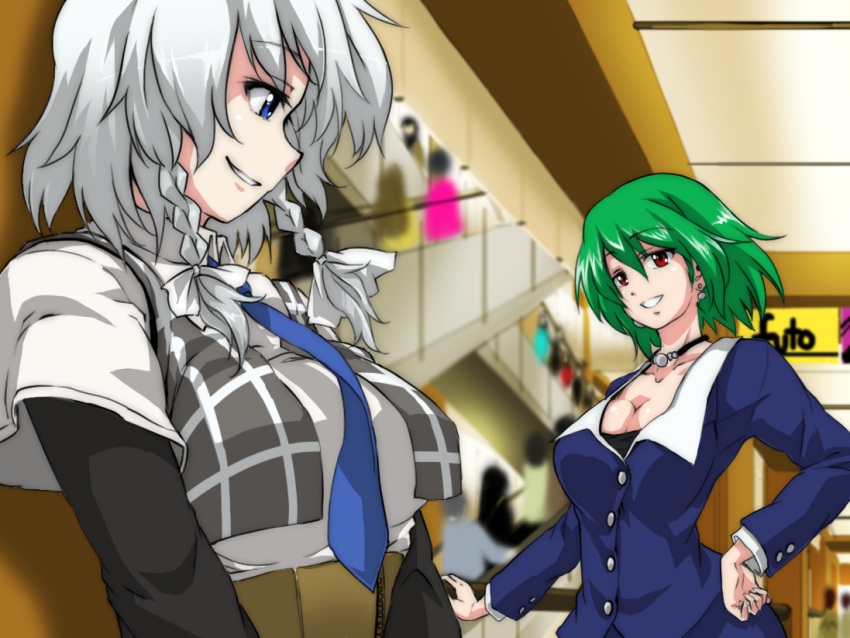blue_eyes braid breasts cleavage contemporary dress_suit earrings green_hair hand_on_hip izayoi_sakuya izuna_nie jewelry kazami_yuuka long_sleeves mall necklace necktie plaid plaid_vest red_eyes shirt short_sleeves silver_hair smile touhou twin_braids