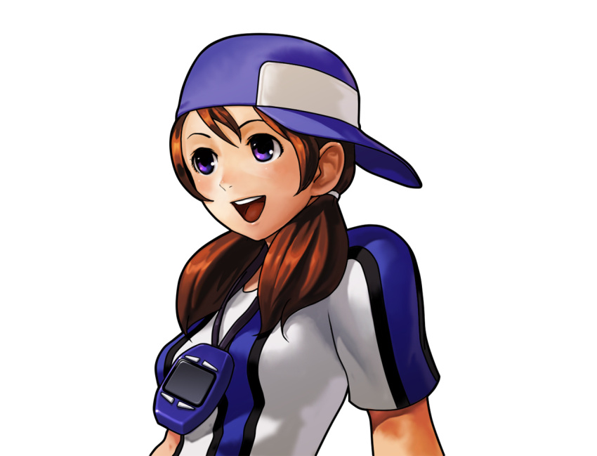 1girl ai_(snk) baseball_cap baseball_uniform brown_hair hat neo_geo_battle_coliseum neo_geo_pocket_color official_art ogura_eisuke open_mouth short_twintails smile snk solo sportswear twintails violet_eyes white_background