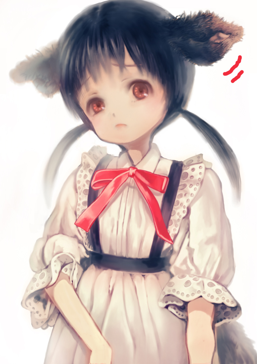 1girl animal_ears black_hair brown_eyes dress highres low_twintails mablex original puffy_short_sleeves puffy_sleeves ribbon short_sleeves solo tail twintails white_background