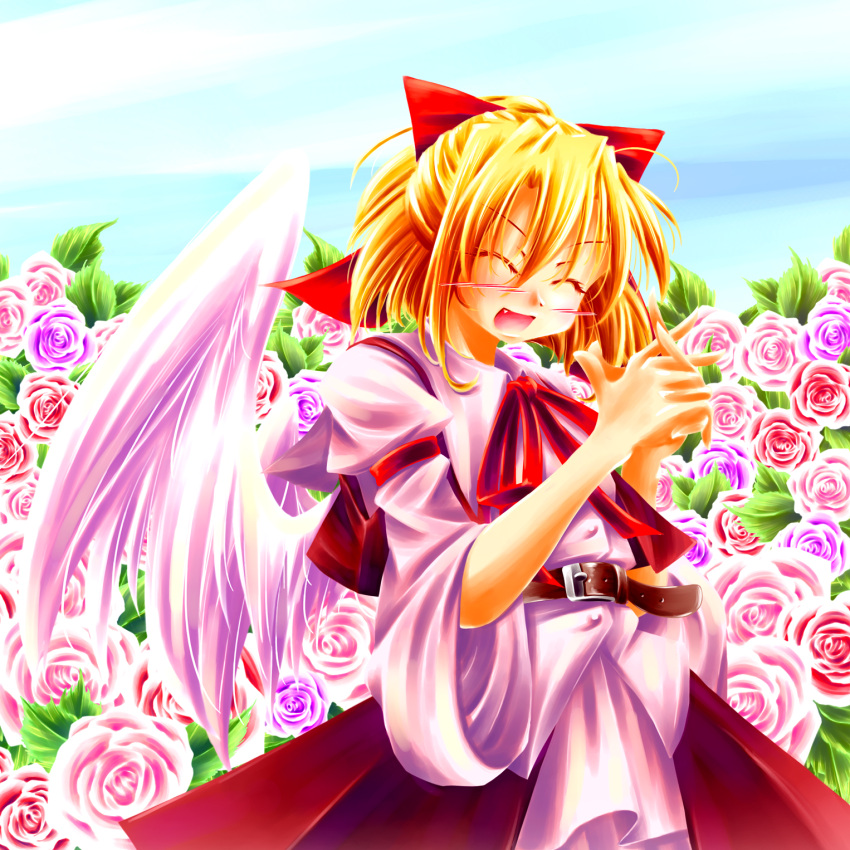 1girl aishuu_karasutengu blonde_hair flower gengetsu highres touhou touhou_(pc-98) wings