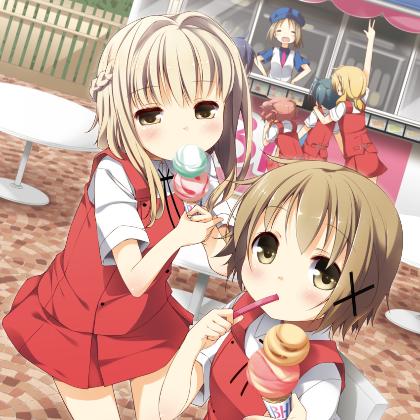 6+girls :d =_= arm_up blonde_hair braid brown_eyes brown_hair double_bun eating fence food green_hair hair_intakes half_updo hand_on_another's_shoulder hidamari_sketch highres hiro ice_cream ice_cream_cone ice_cream_spoon ice_cream_stand light_brown_eyes light_brown_hair miyako multiple_girls nazuna nori open_mouth pink_hair sae school_uniform smile spoon_in_mouth table v yume_no_owari yuno