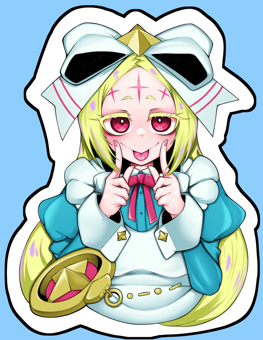 1girl apron blonde_hair blue_background blue_dress bow commentary_request dress fingersmile hair_bow highres long_hair looking_at_viewer love0craft mahou_shoujo_ni_akogarete morino_korisu nero_alice pink_eyes simple_background solo tongue tongue_out upper_body