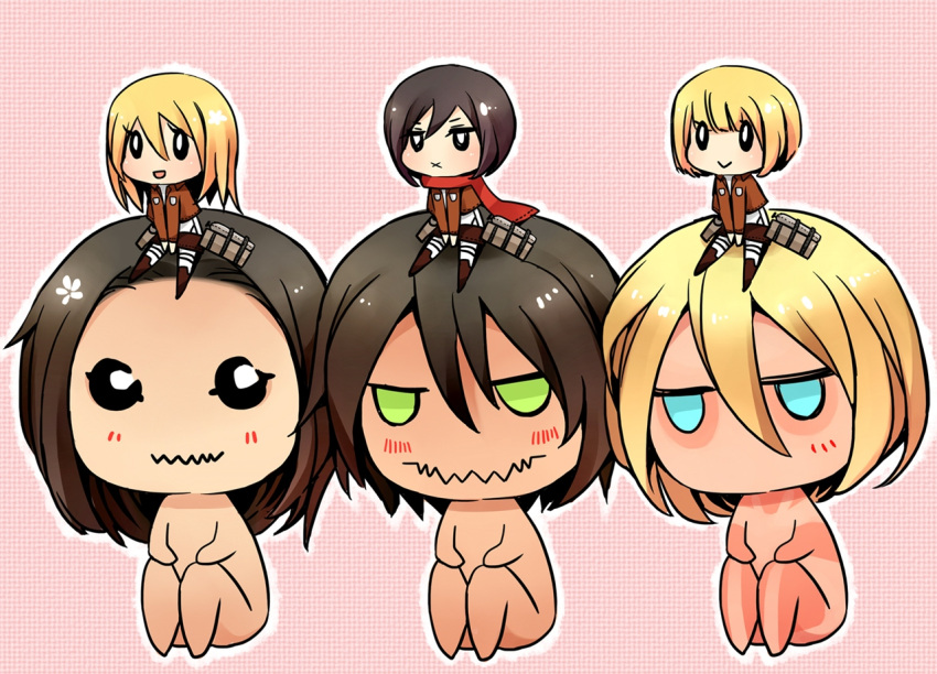 :&gt; :d :x armin_arlert black_eyes black_hair blonde_hair blue_eyes blush boots brown_hair chibi christa_renz dancing_titan female_titan giant green_eyes long_hair long_sleeves mikasa_ackerman military military_uniform minimill no_mouth open_mouth rogue_titan scarf shingeki_no_kyojin short_hair sitting smile thigh_strap three-dimensional_maneuver_gear titan_(shingeki_no_kyojin) uniform