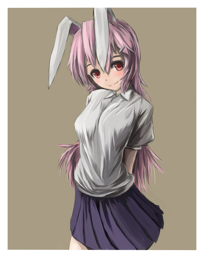 1girl absurdres animal_ears arched_back arms_behind_back breasts grey_background hair_ornament hairclip highres lavender_hair long_hair looking_at_viewer pleated_skirt rabbit_ears red_eyes reisen_udongein_inaba short_sleeves skirt smile solo tachitsuki touhou
