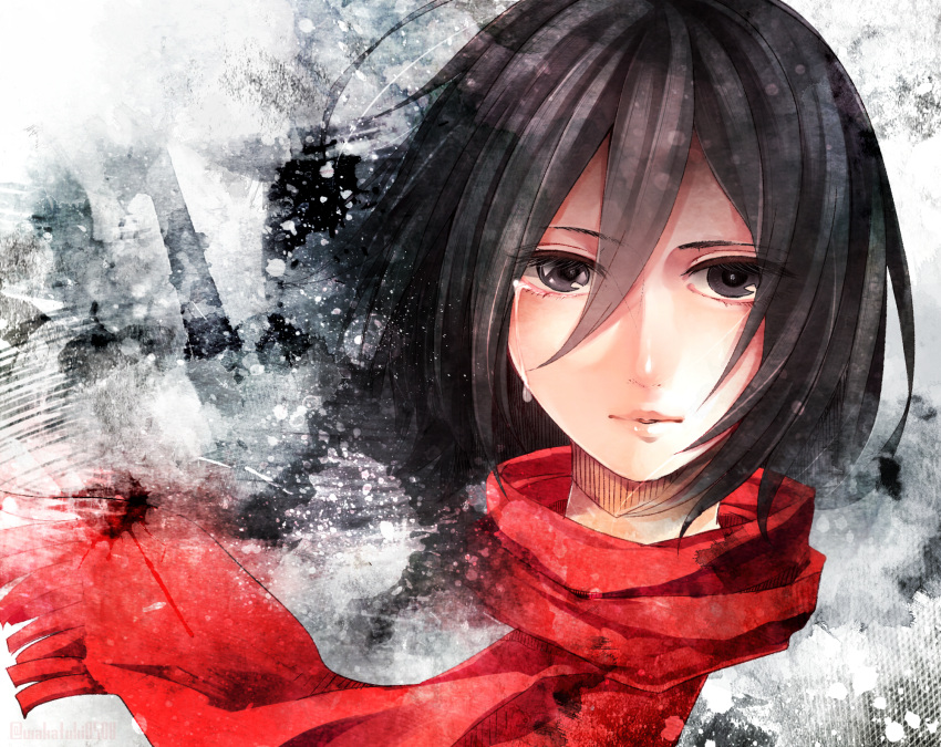 black_eyes black_hair face highres lips mikasa_ackerman portrait scarf shingeki_no_kyojin short_hair tears wakatsuki_you