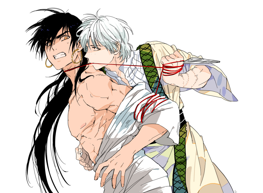 2boys abs adam's_apple black_hair bound_arms clenched_teeth earrings fighting freckles funpjinju highres ja'far jewelry long_hair looking_at_another magi_the_labyrinth_of_magic male multiple_boys muscle nipples ponytail profile scar shirt_slip short_hair sinbad_(magi) tunic weapon white_background white_hair wire